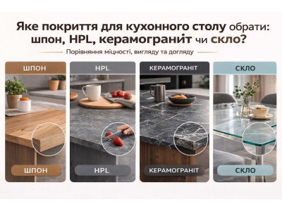 Яке покриття обрати для стільниці кухонного стола: шпон, HPL, скло чи керамограніт